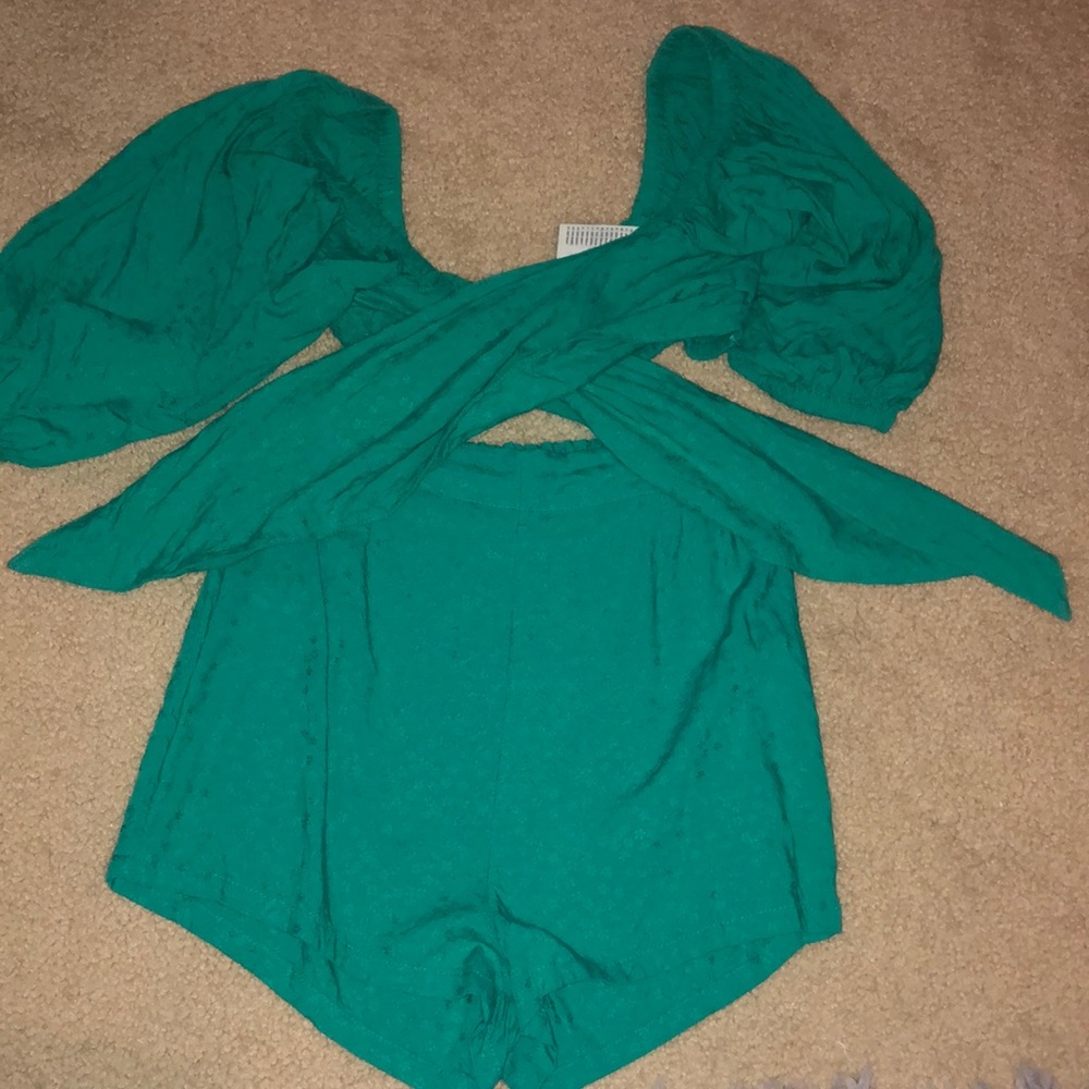 Teal billabong wrap top and shorts